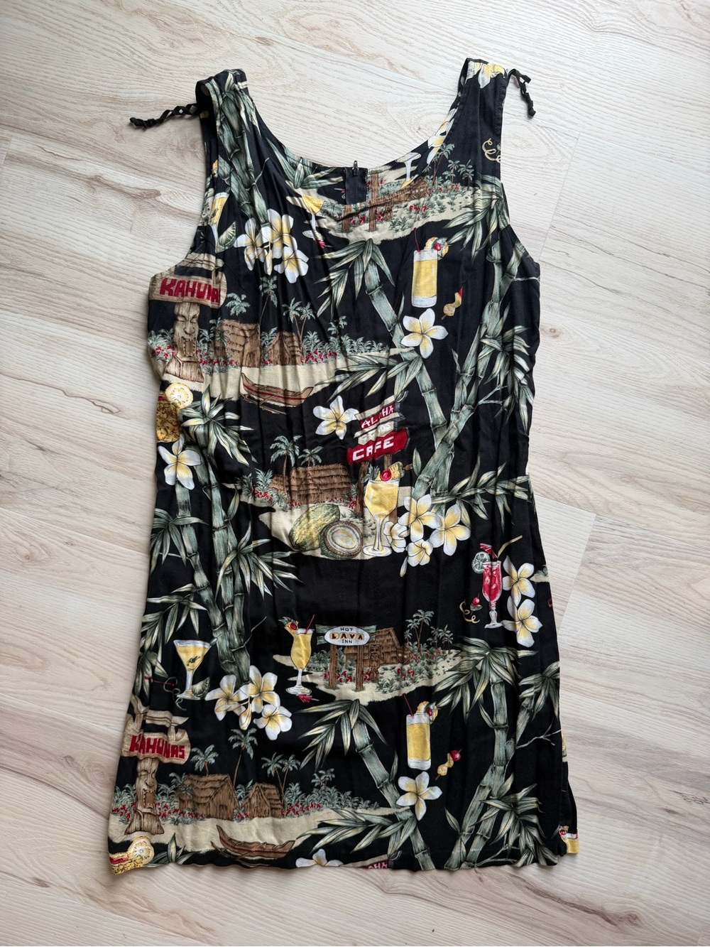Vintage Bishop St Black Tropical Print Sundress with Plumeria Flowers